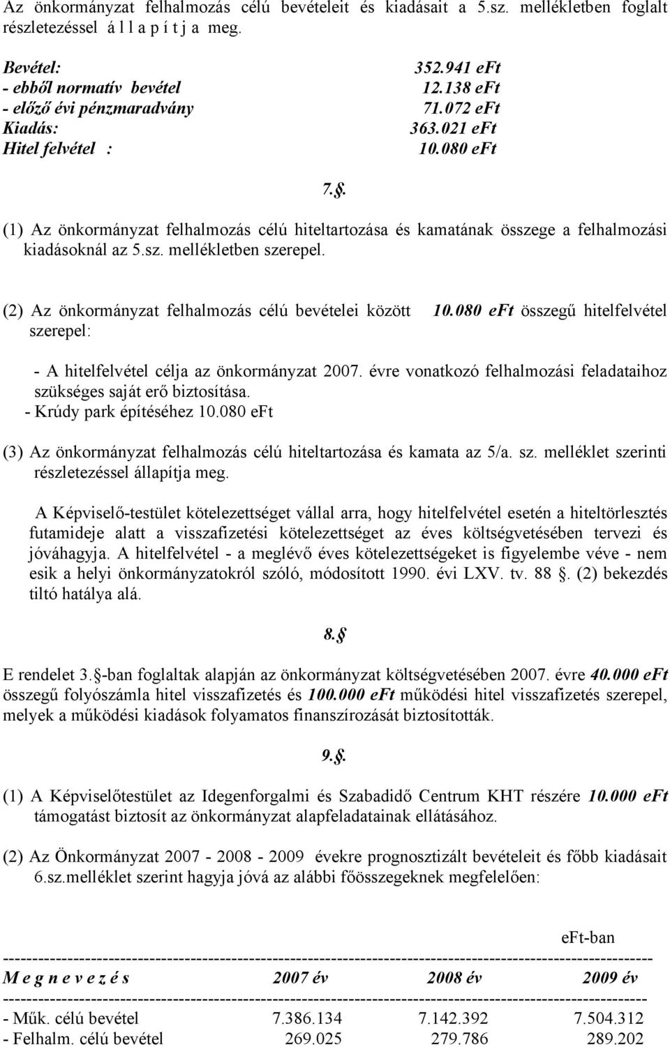 . (1) Az önkormányzat felhalmozás célú hiteltartozása és kamatának összege a felhalmozási kiadásoknál az 5.sz. mellékletben szerepel. (2) Az önkormányzat felhalmozás célú bevételei között 10.