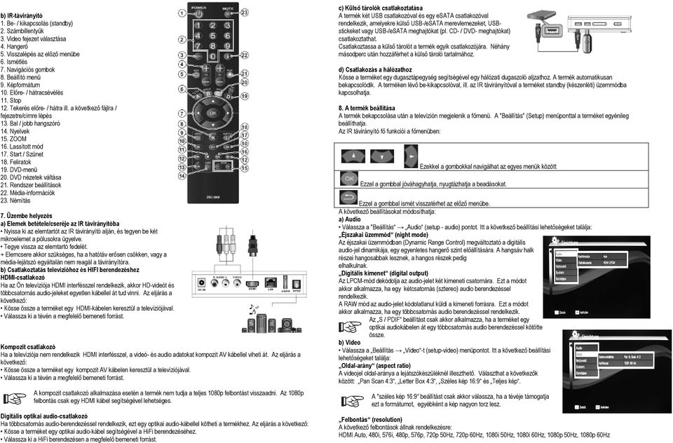 Start / Szünet 18. Feliratok 19. DVD-menü 20. DVD nézetek váltása 21. Rendszer beállítások 22. Média-információk 23. Némítás 7.