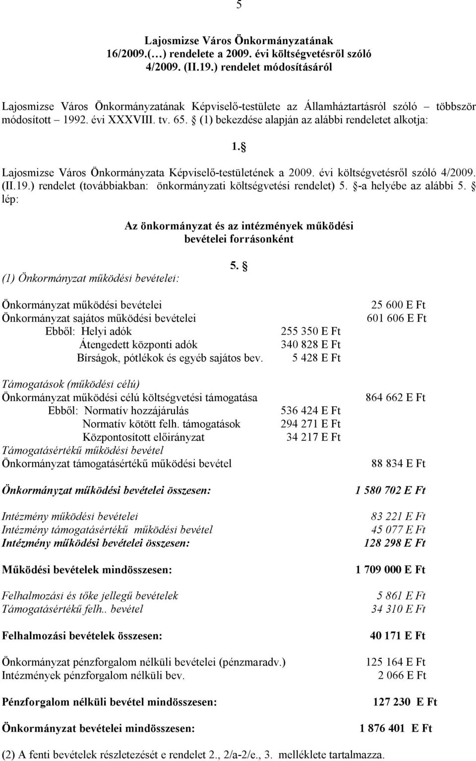 (1) bekezdése alapján az alábbi rendeletet alkotja: 1. Lajosmizse Város Önkormányzata Képviselő-testületének a 2009. évi költségvetésről szóló 4/2009. (II.19.