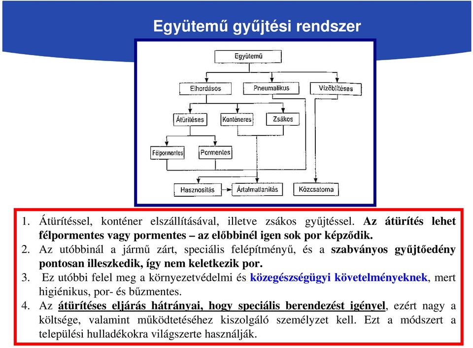 Az utóbbinál a jármű zárt, speciális felépítményű, és a szabványos gyűjtőedény pontosan illeszkedik, így nem keletkezik por. 3.