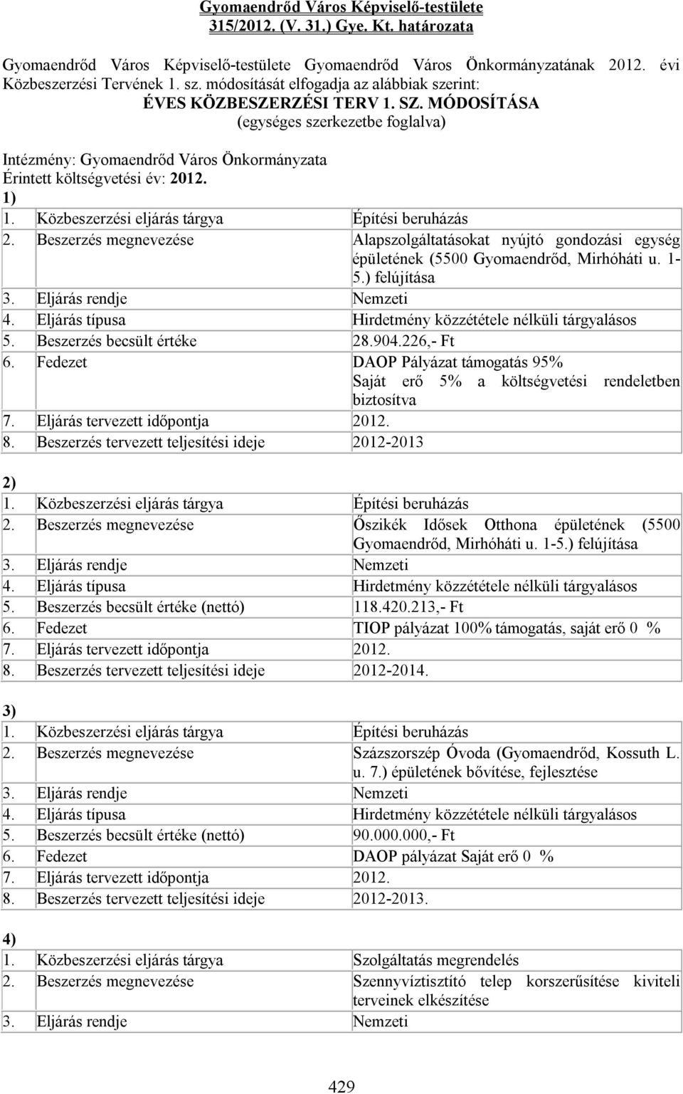 Beszerzés megnevezése Alapszolgáltatásokat nyújtó gondozási egység épületének (5500 Gyomaendrőd, Mirhóháti u. 1-5.) felújítása 3. Eljárás rendje Nemzeti 4.