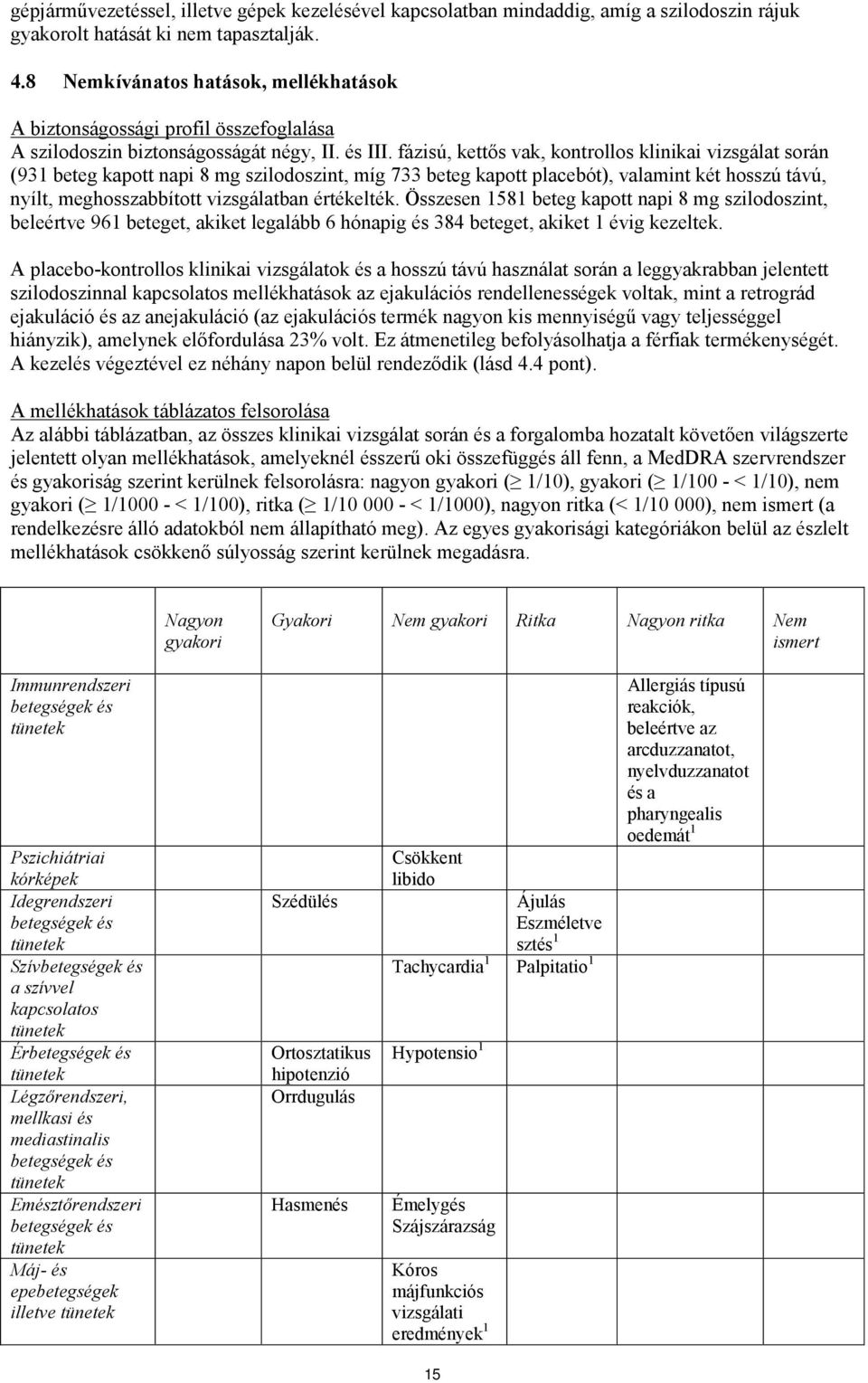 fázisú, kettős vak, kontrollos klinikai vizsgálat során (931 beteg kapott napi 8 mg szilodoszint, míg 733 beteg kapott placebót), valamint két hosszú távú, nyílt, meghosszabbított vizsgálatban