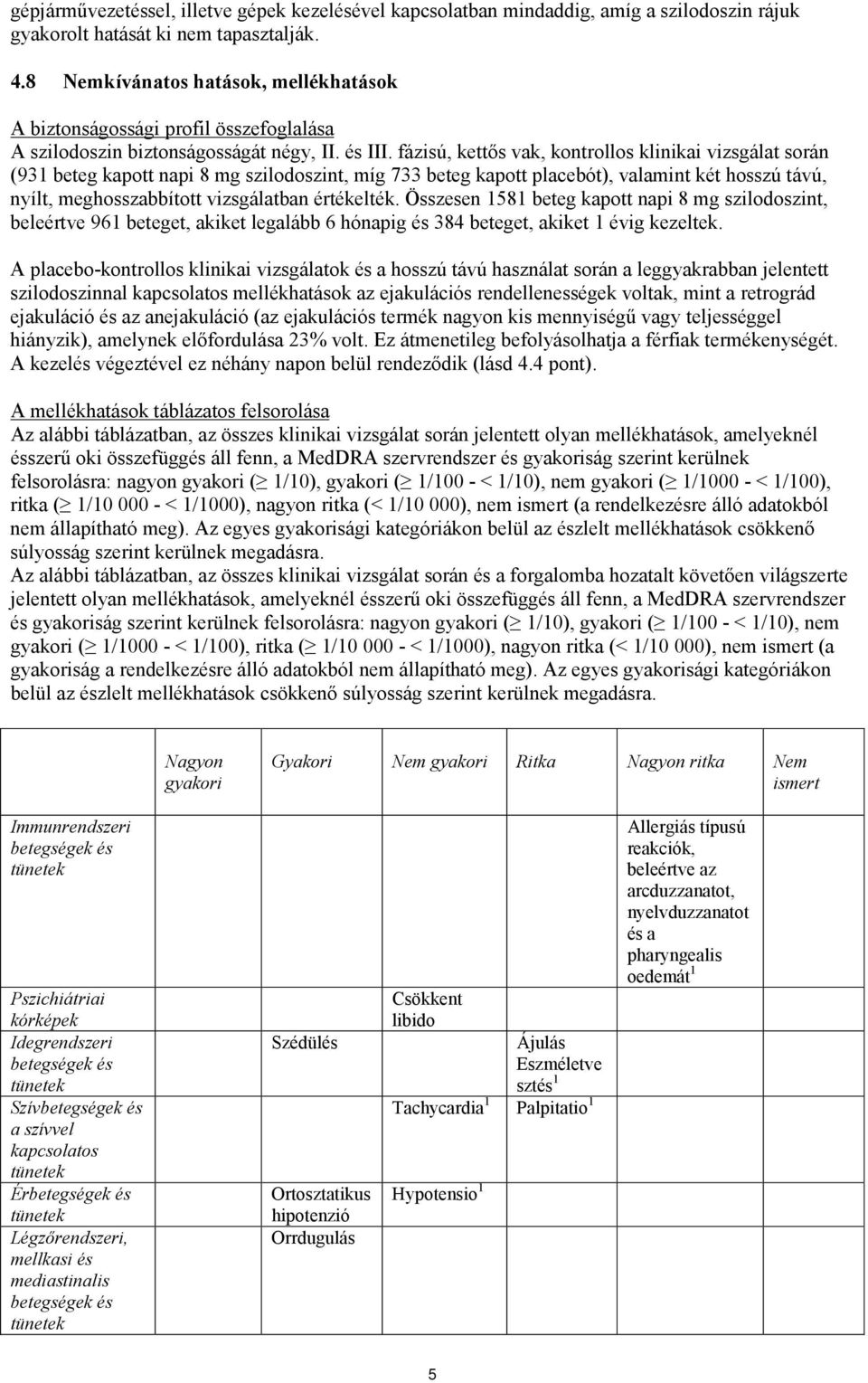 fázisú, kettős vak, kontrollos klinikai vizsgálat során (931 beteg kapott napi 8 mg szilodoszint, míg 733 beteg kapott placebót), valamint két hosszú távú, nyílt, meghosszabbított vizsgálatban