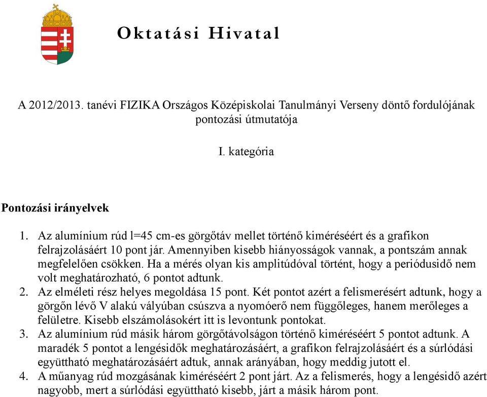 Ha a mérés oyan kis ampitúdóva történt, hogy a periódusidő nem vot meghatározható, 6 pontot adtunk. 2. Az eméeti rész heyes megodása 15 pont.