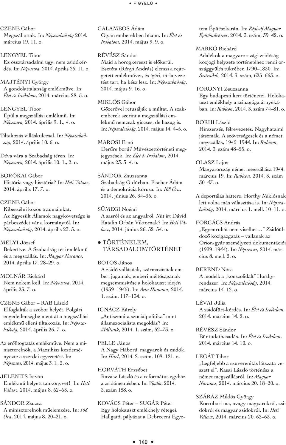 In: Népszava, 2014. április 10. 1., 2. o. BORÓKAI Gábor História vagy hisztéria? In: Heti Válasz, 2014. április 17. 7. o. Kibeszélni közös traumáinkat.
