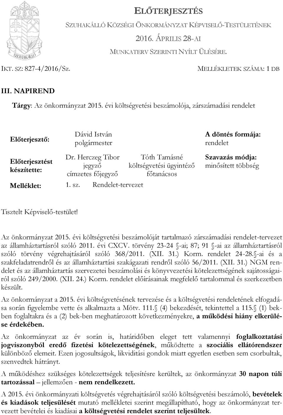 Herczeg Tibor Tóth Tamásné Szavazás módja: jegyző költségvetési ügyintéző minősített többség címzetes főjegyző főtanácsos Melléklet: 1. sz. Rendelet-tervezet Tisztelt Képviselő-testület!