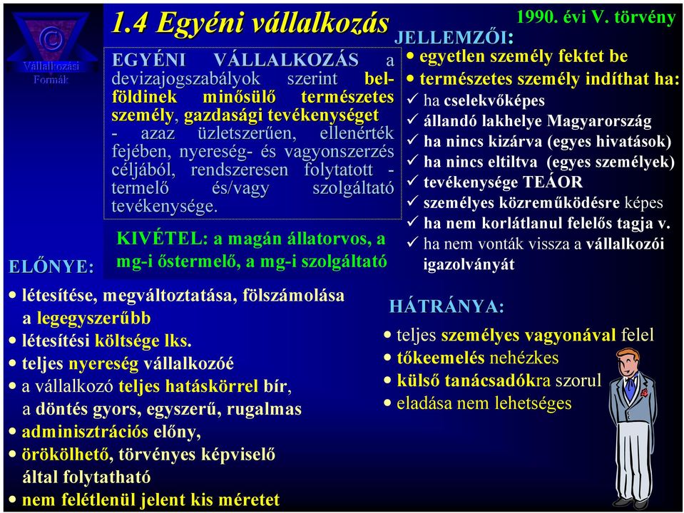 KIVÉTEL: a magán állatorvos, a mg-i őstermelő, a mg-i szolgáltató létesítése, megváltoztatása, fölszámolása a legegyszerűbb létesítési költsége lks.