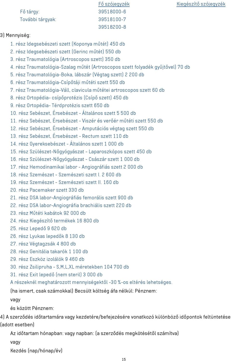 rész Traumatológia-Boka, lábszár (Végtag szett) 2 200 db 6. rész Traumatológia-Csípőtáji műtéti szett 550 db 7. rész Traumatológia-Váll, clavicula műtétei artroscopos szett 60 db 8.