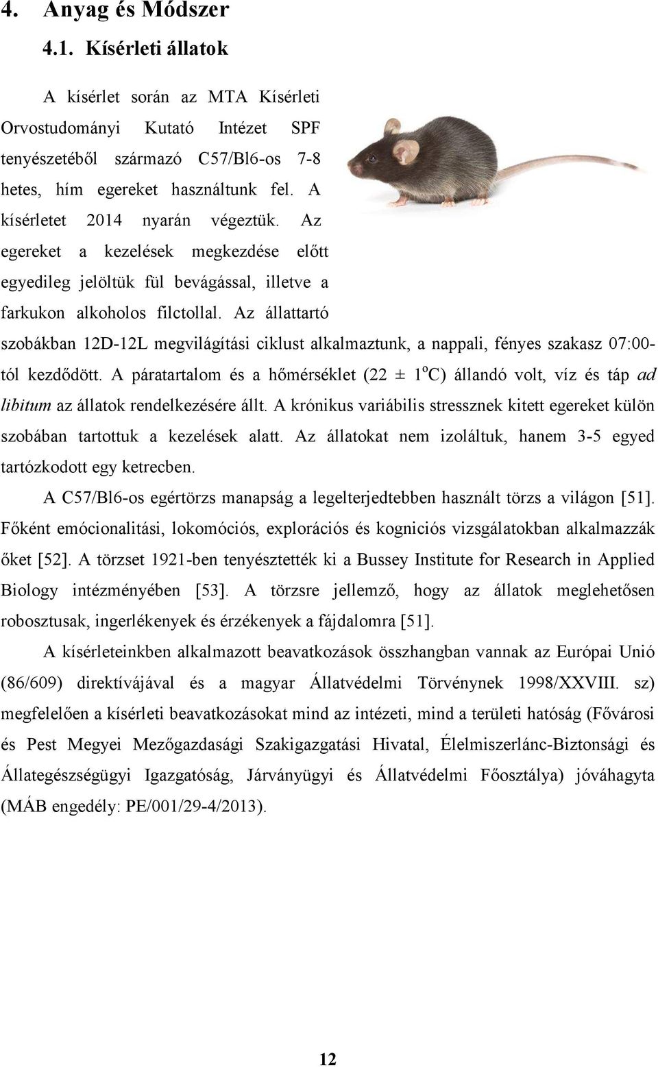 Az állattartó szobákban 12D-12L megvilágítási ciklust alkalmaztunk, a nappali, fényes szakasz 07:00- tól kezdődött.