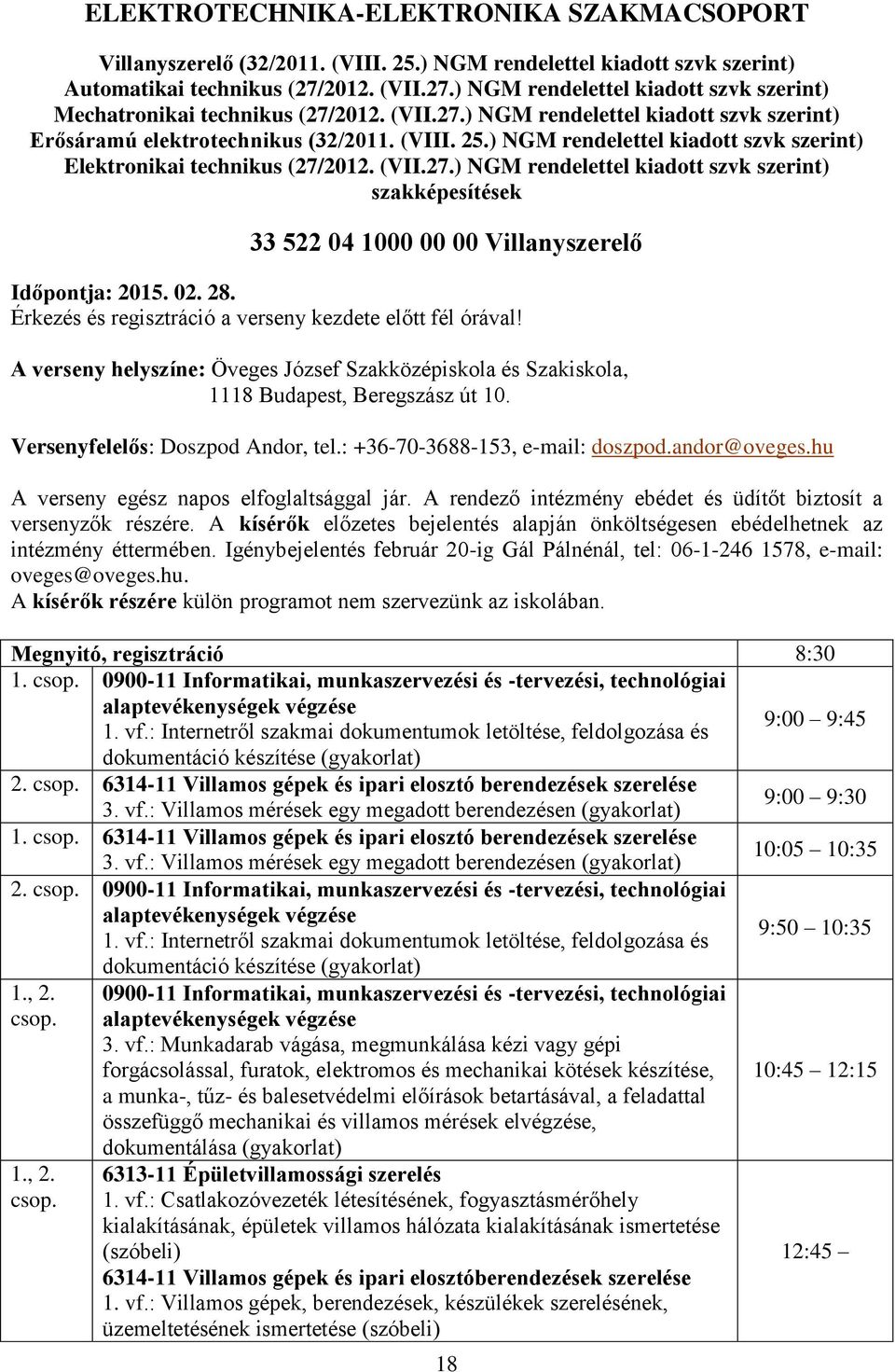 ) NGM rendelettel kiadott szvk szerint) Elektronikai technikus (27/2012. (VII.27.) NGM rendelettel kiadott szvk szerint) szakképesítések 33 522 04 1000 00 00 Villanyszerelő Időpontja: 2015. 02. 28.