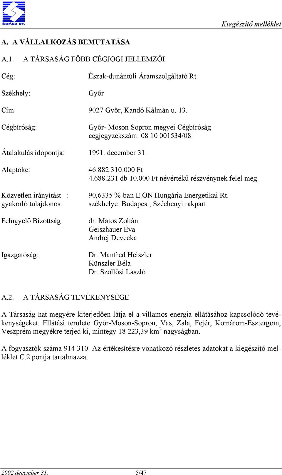 Alaptőke: Közvetlen irányítást : gyakorló tulajdonos: Felügyelő Bizottság: Igazgatóság: 46.882.310.000 Ft 4.688.231 db 10.000 Ft névértékű részvénynek felel meg 90,6335 %-ban E.