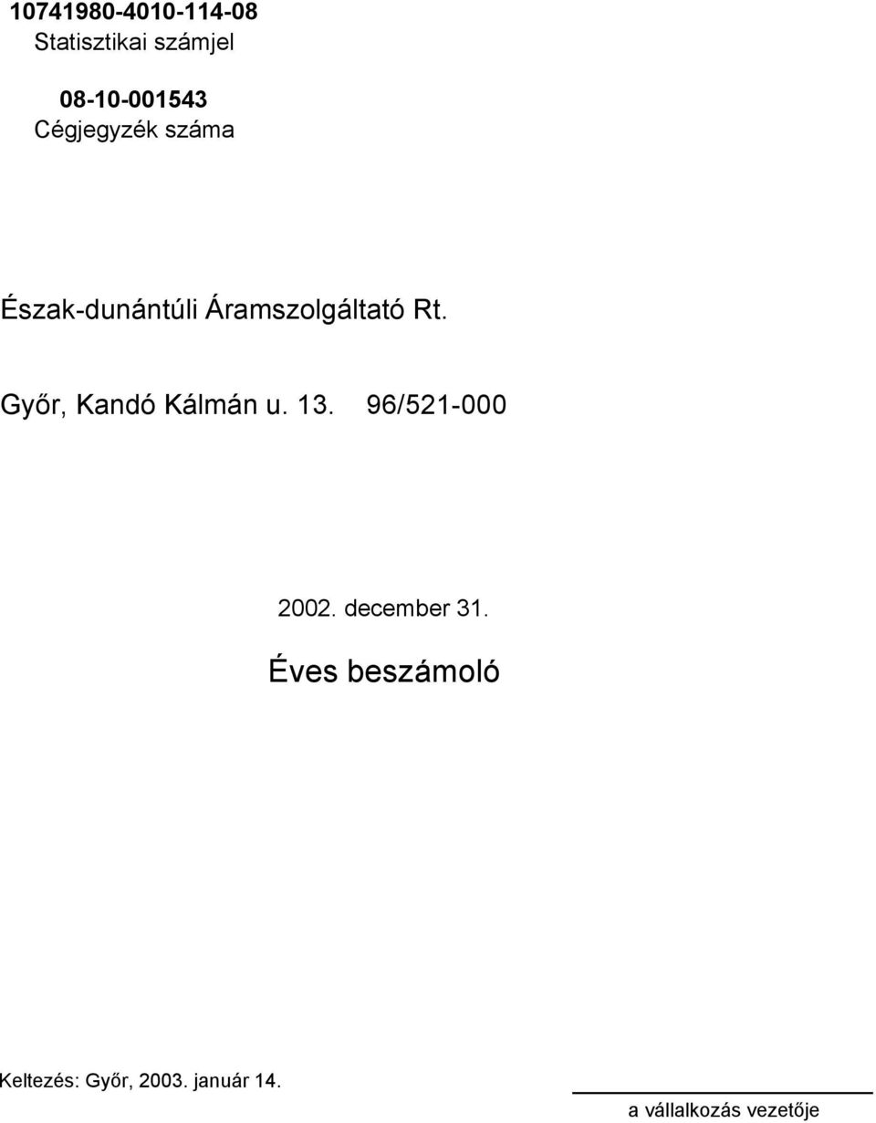 Győr, Kandó Kálmán u. 13. 96/521-000 2002. december 31.