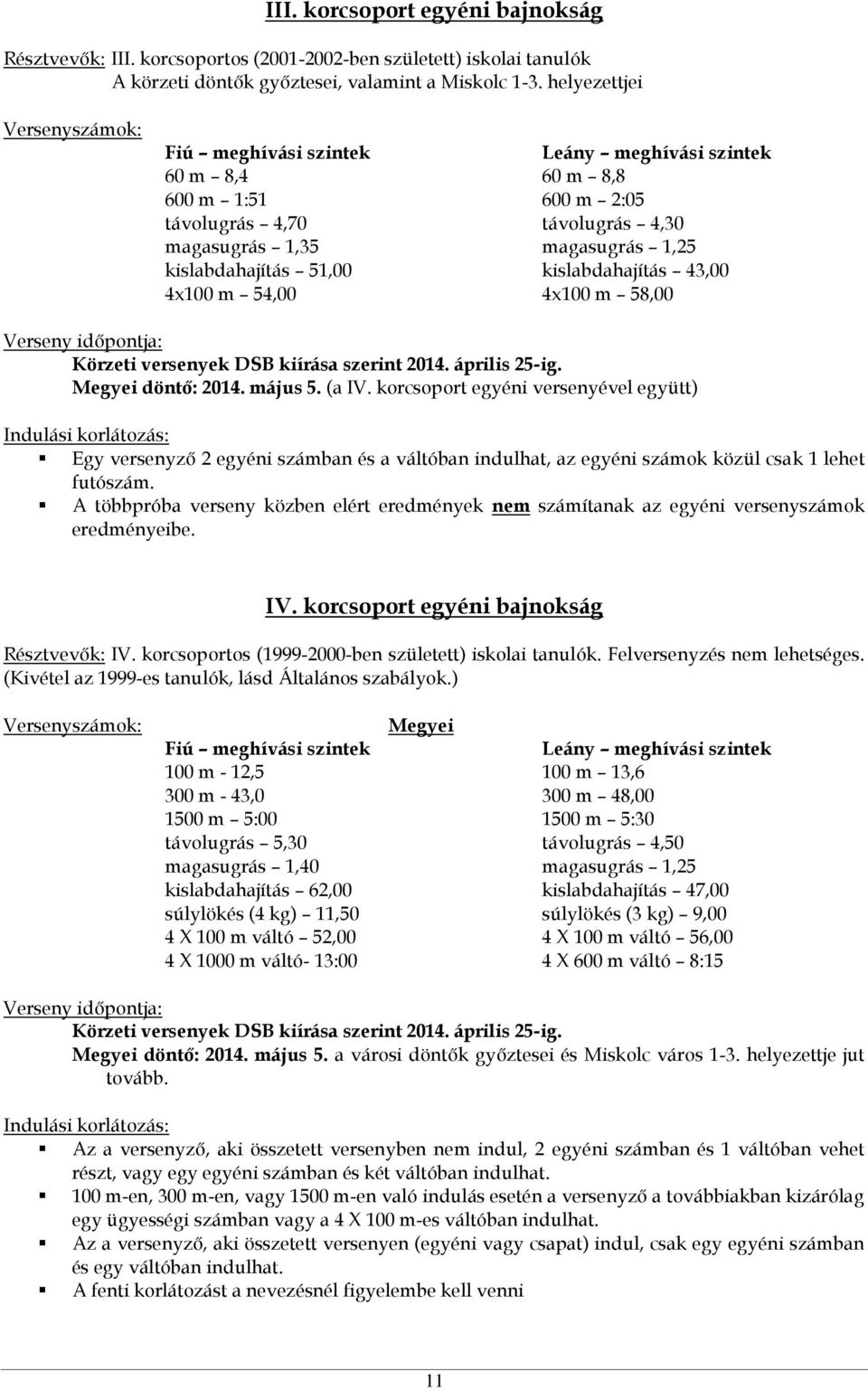 kislabdahajítás 43,00 4x100 m 54,00 4x100 m 58,00 Verseny időpontja: Körzeti versenyek DSB kiírása szerint 2014. április 25-ig. Megyei döntő: 2014. május 5. (a IV.