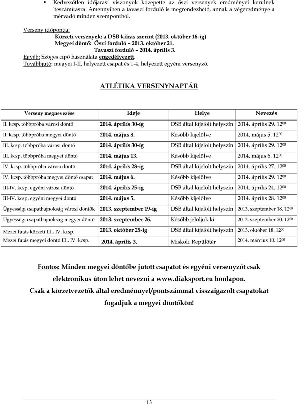 Egyéb: Szöges cipő használata engedélyezett. Továbbjutó: megyei I-II. helyezett csapat és 1-4. helyezett egyéni versenyző. ATLÉTIKA VERSENYNAPTÁR Verseny megnevezése Ideje Helye Nevezés II. kcsp.