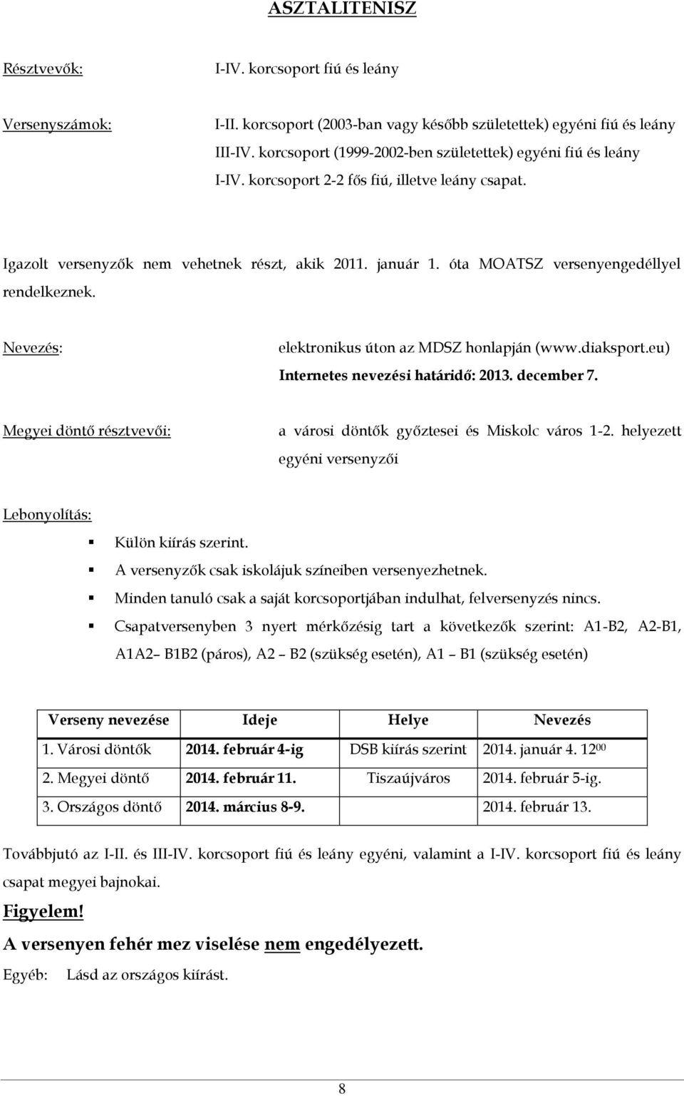 óta MOATSZ versenyengedéllyel rendelkeznek. Nevezés: elektronikus úton az MDSZ honlapján (www.diaksport.eu) Internetes nevezési határidő: 2013. december 7.