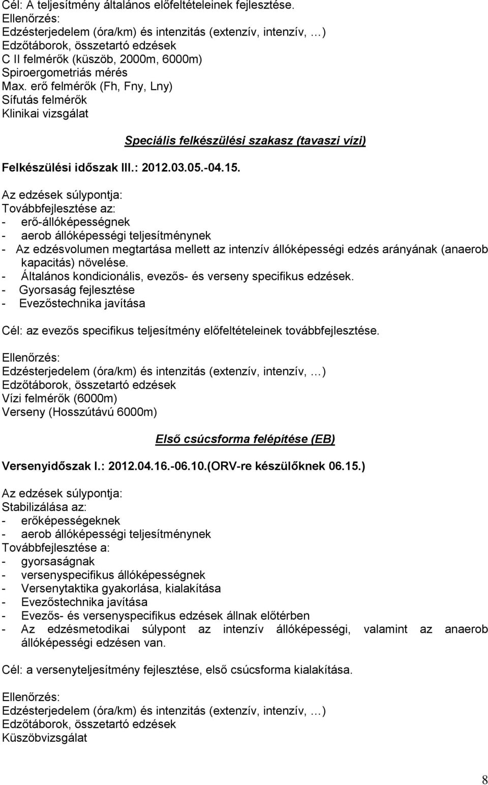 erő felmérők (Fh, Fny, Lny) Sífutás felmérők Klinikai vizsgálat Felkészülési időszak III.: 0.0.05.