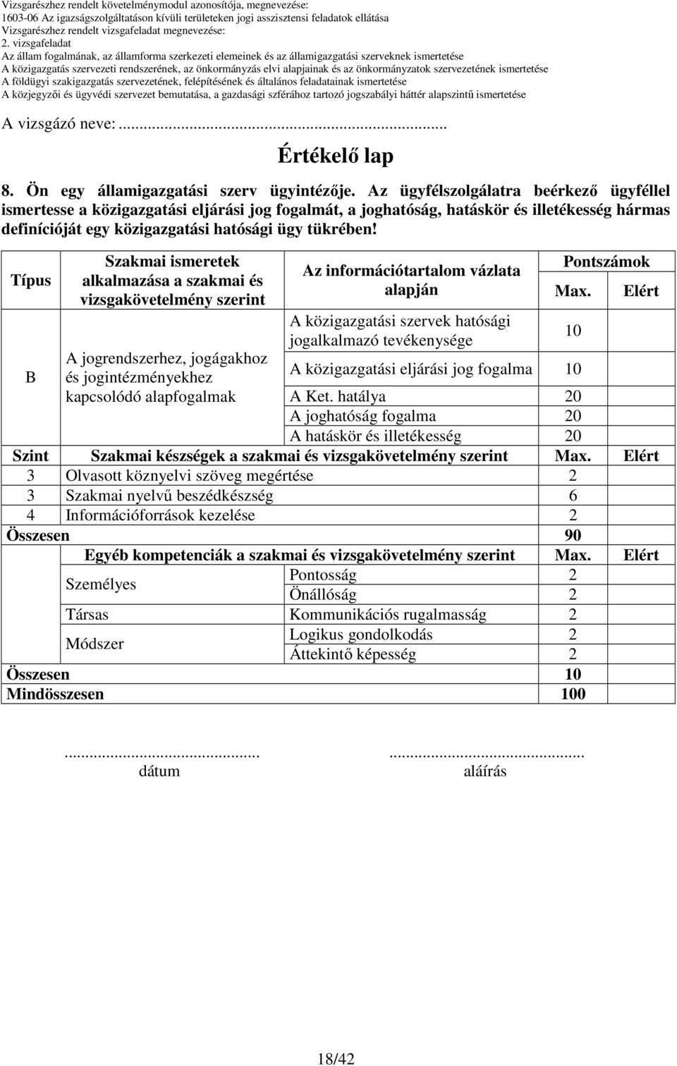 Típus B Szakmai ismeretek alkalmazása a szakmai és vizsgakövetelmény szerint A jogrendszerhez, jogágakhoz és jogintézményekhez kapcsolódó alapfogalmak Pontszámok Az információtartalom vázlata alapján