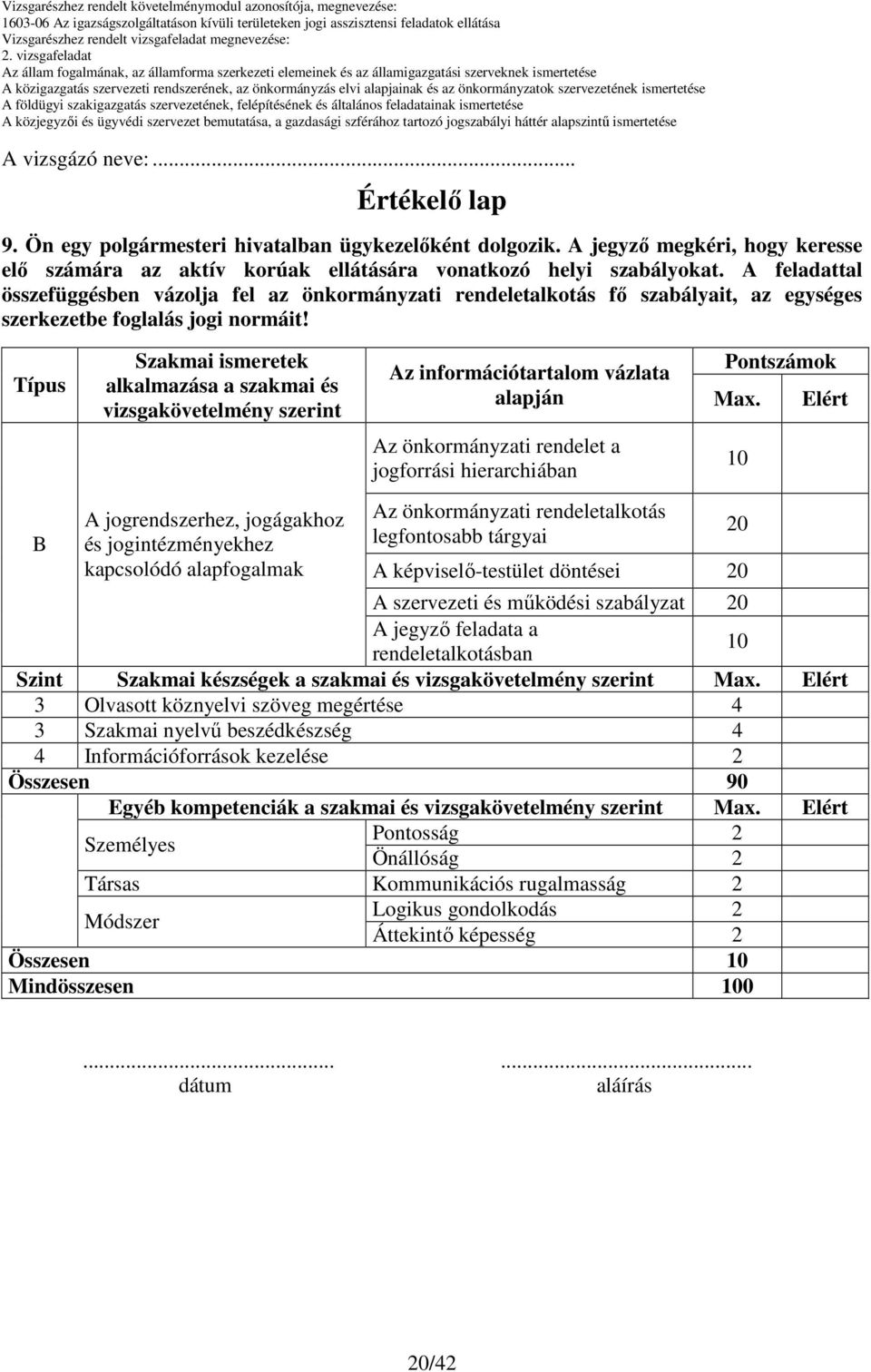 Típus B Szakmai ismeretek alkalmazása a szakmai és vizsgakövetelmény szerint A jogrendszerhez, jogágakhoz és jogintézményekhez kapcsolódó alapfogalmak Pontszámok Az információtartalom vázlata alapján