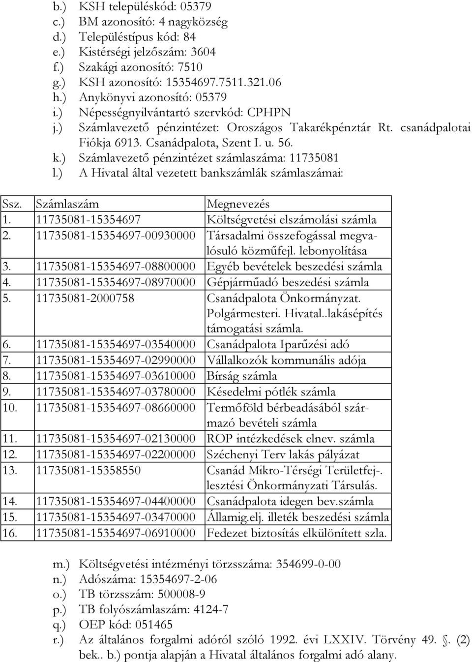 ) Számlavezető pénzintézet számlaszáma: 11735081 l.) Hivatal által vezetett bankszámlák számlaszámai: Ssz. Számlaszám Megnevezés 1. 11735081-15354697 Költségvetési elszámolási számla 2.