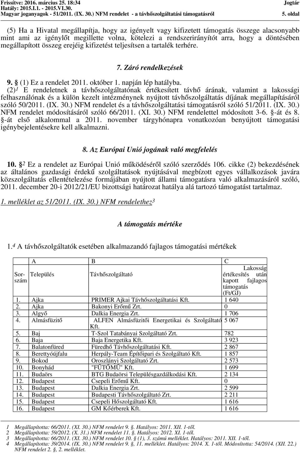 (2) 1 E rendeletnek a távhőszolgáltatónak értékesített távhő árának, valamint a lakossági felhasználónak és a külön kezelt intézménynek nyújtott távhőszolgáltatás díjának megállapításáról szóló