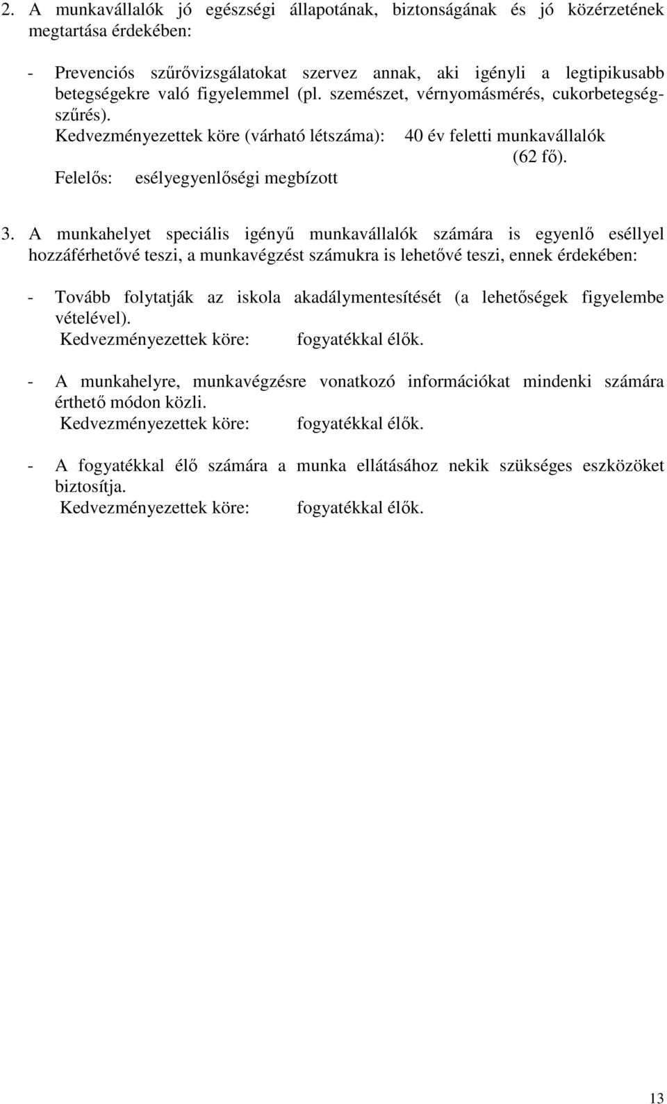 A munkahelyet speciális igényű munkavállalók számára is egyenlő eséllyel hozzáférhetővé teszi, a munkavégzést számukra is lehetővé teszi, ennek érdekében: - Tovább folytatják az iskola