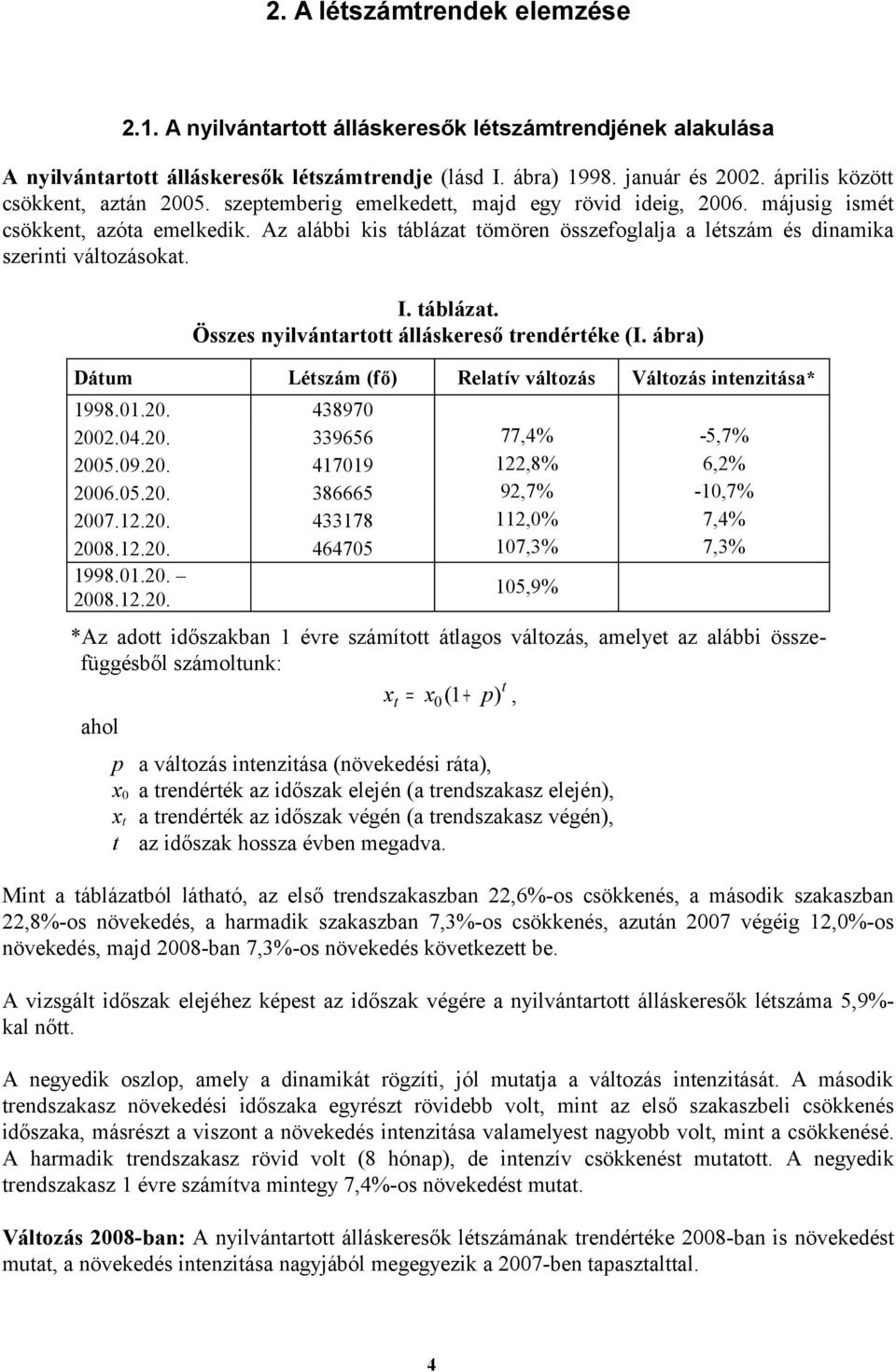 Az alábbi kis táblázat tömören összefoglalja a létszám és dinamika szerinti okat. I. táblázat. Összes nyilvántartott álláskereső trendértéke (I. ábra) * 1998.01.20. 438970 2002.04.20. 339656 77,4% -5,7% 2005.