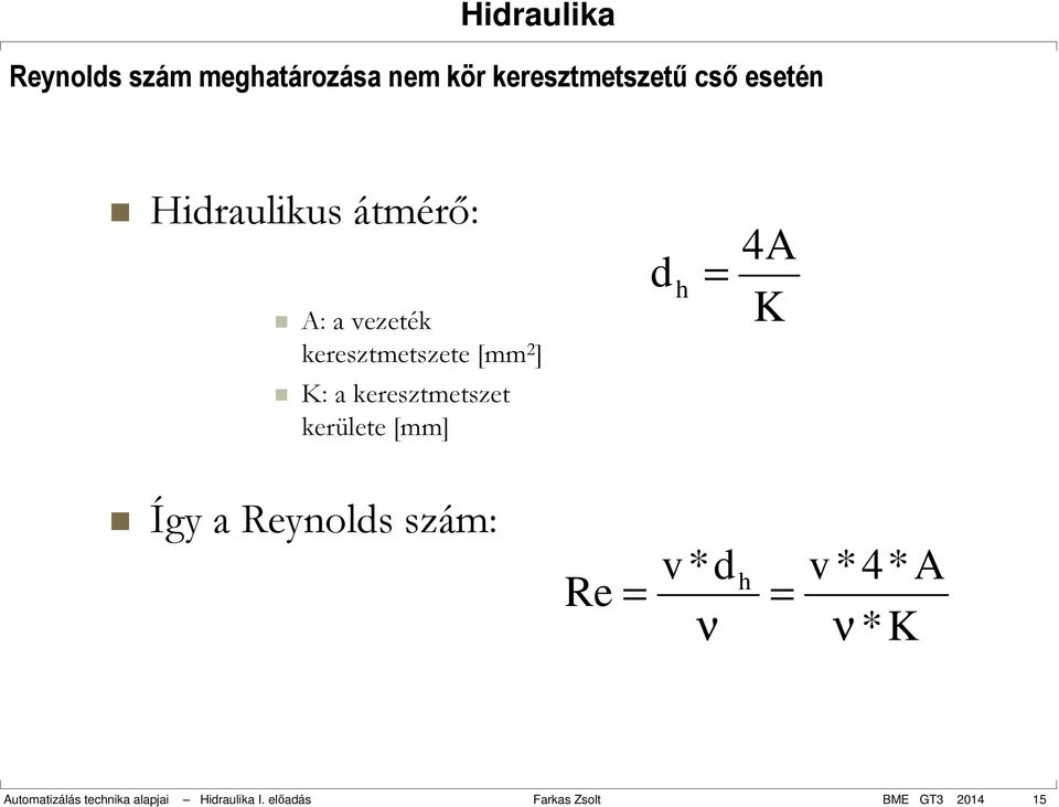 keresztmetszet kerülete [mm] d h = 4A K Így a Reynolds szám: Re = v*d ν