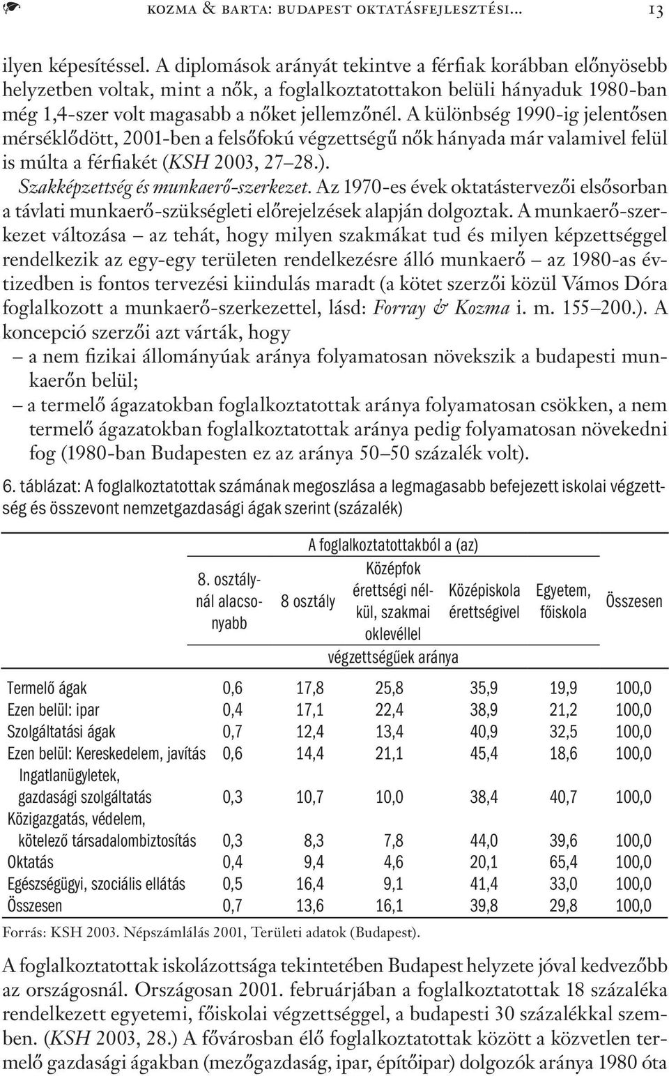 A különbség 1990-ig jelentősen mérséklődött, 2001-ben a felsőfokú végzettségű nők hányada már valamivel felül is múlta a férfiakét (KSH 2003, 27 28.). Szakképzettség és munkaerő-szerkezet.
