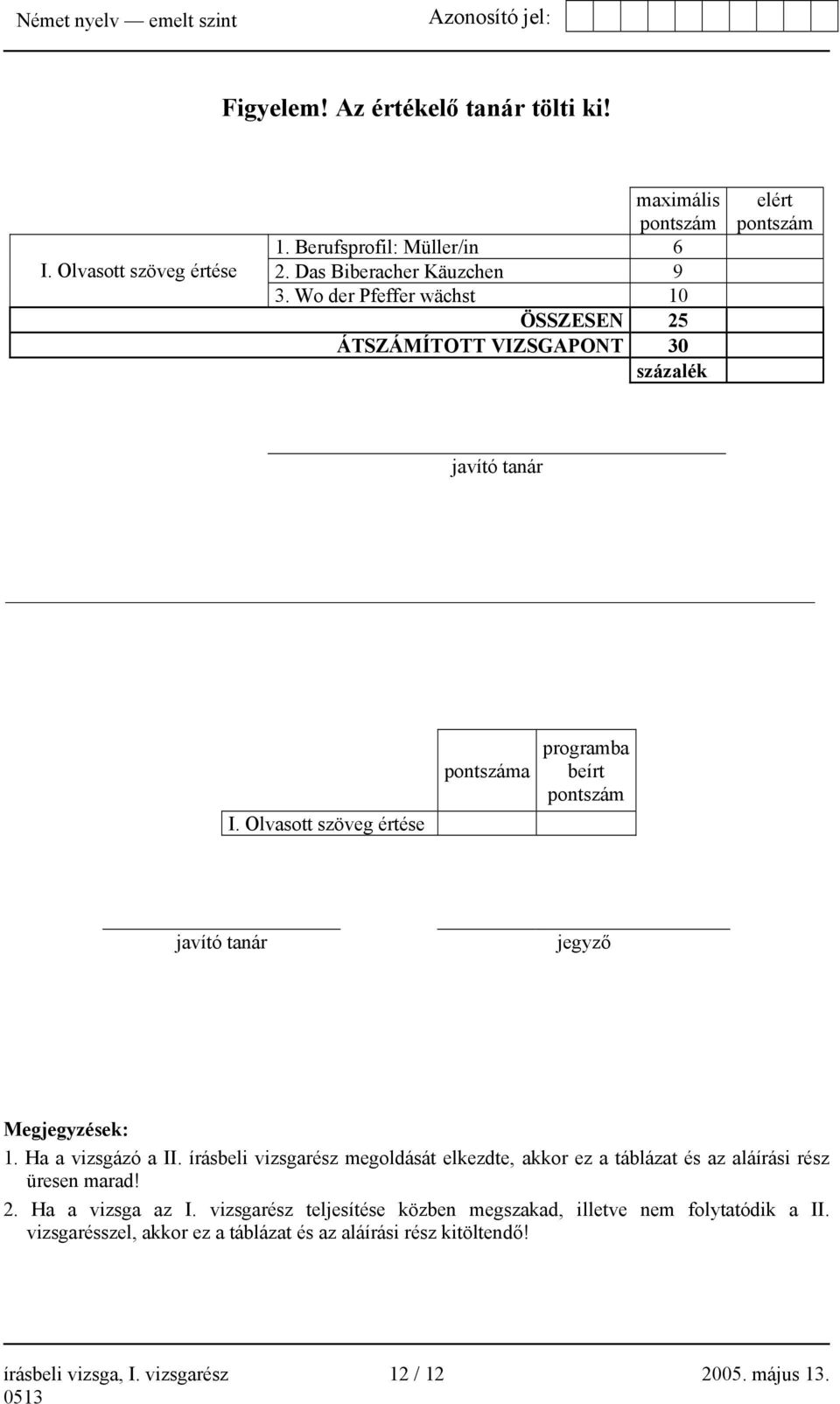 Olvasott szöveg értése pontszáma programba beírt pontszám javító tanár jegyző Megjegyzések: 1. Ha a vizsgázó a II.