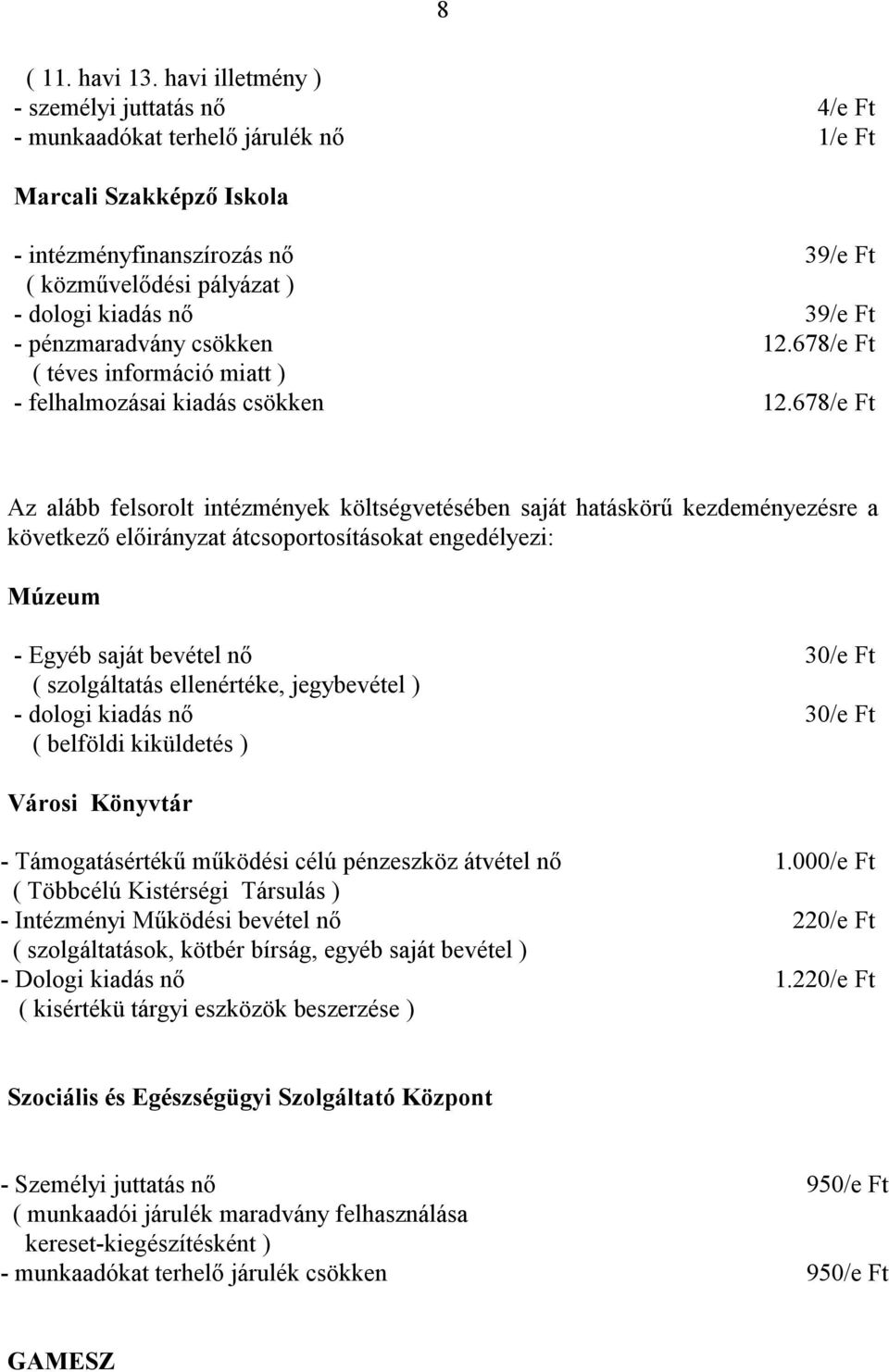 678/e Ft Az alább felsorolt intézmények költségvetésében saját hatáskörű kezdeményezésre a következő előirányzat átcsoportosításokat engedélyezi: Múzeum - Egyéb saját bevétel nő ( szolgáltatás