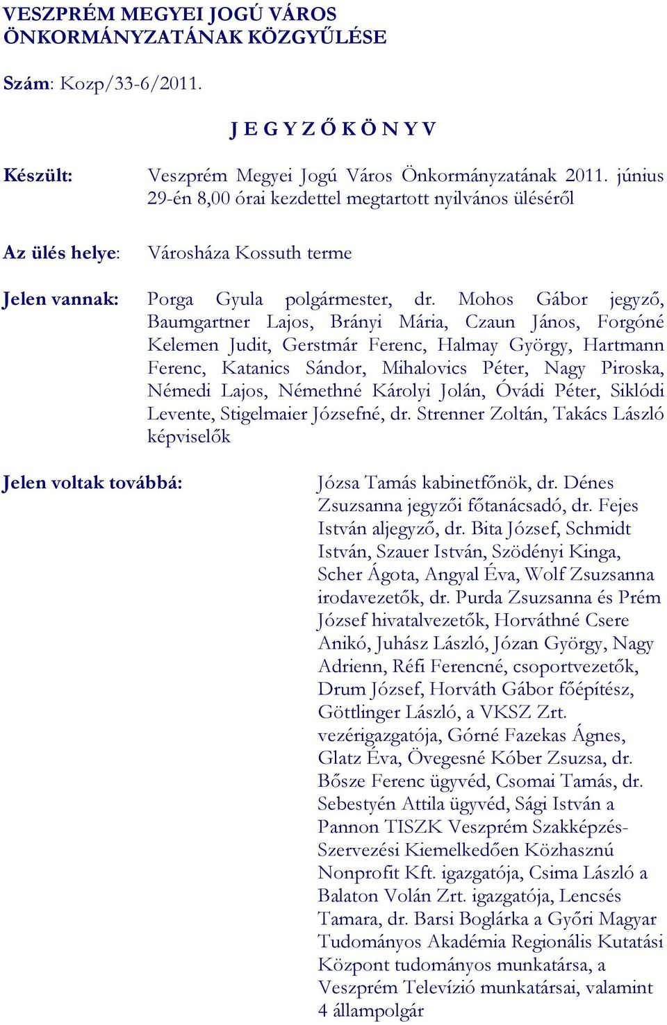 Mohos Gábor jegyzı, Baumgartner Lajos, Brányi Mária, Czaun János, Forgóné Kelemen Judit, Gerstmár Ferenc, Halmay György, Hartmann Ferenc, Katanics Sándor, Mihalovics Péter, Nagy Piroska, Némedi