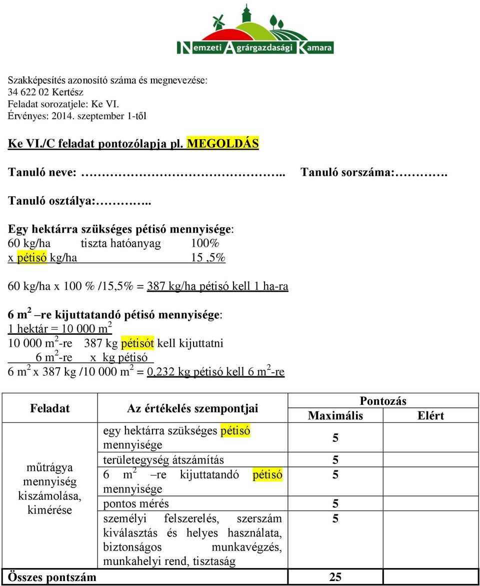 hektár = 10 000 m 2 10 000 m 2 -re 387 kg pétisót kell kijuttatni 6 m 2 -re x kg pétisó 6 m 2 x 387 kg /10 000 m 2 = 0,232 kg pétisó kell 6 m 2 -re Feladat Az értékelés szempontjai Pontozás