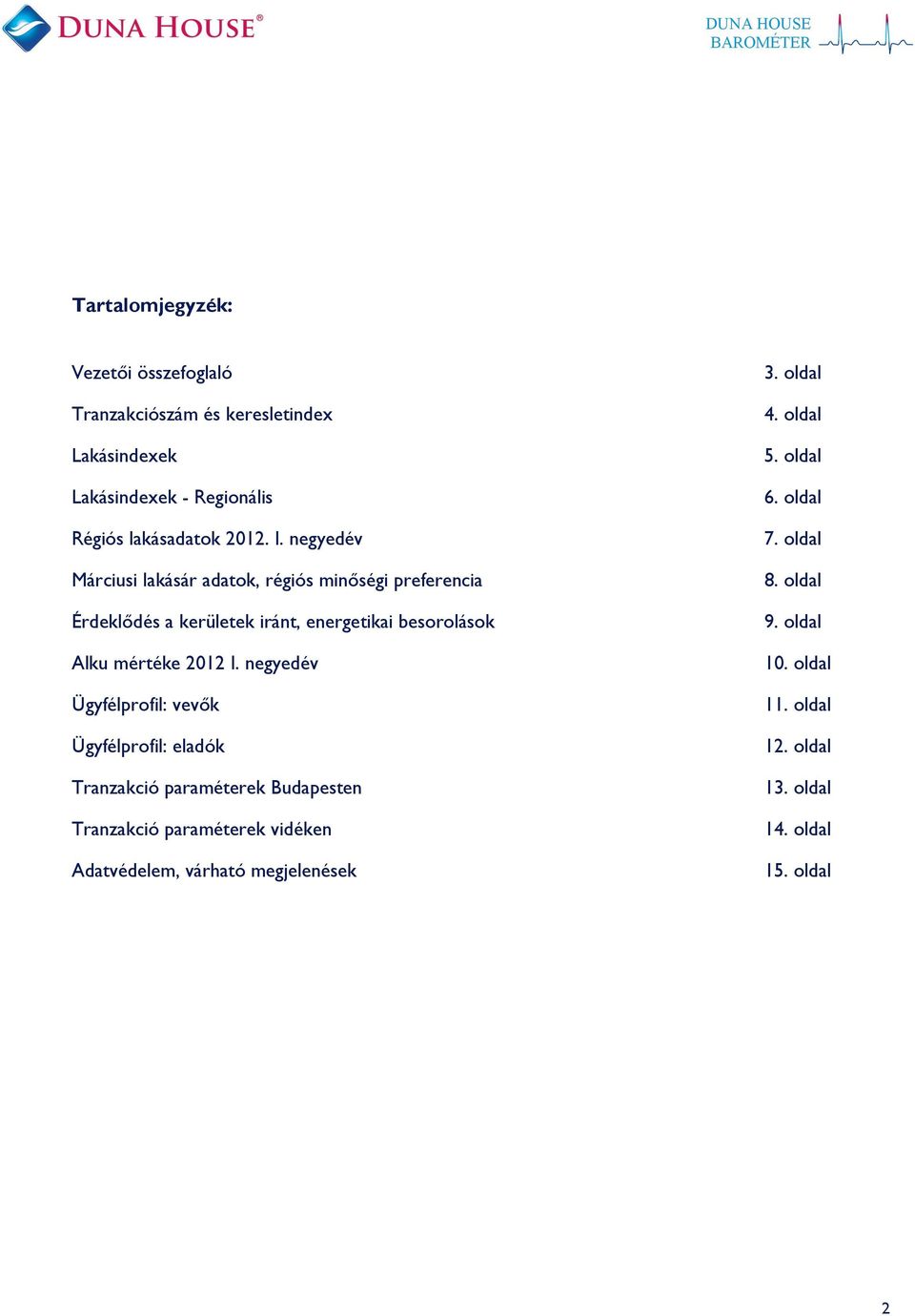 negyedév Ügyfélprofil: vevők Ügyfélprofil: eladók Tranzakció paraméterek Budapesten Tranzakció paraméterek vidéken Adatvédelem, várható