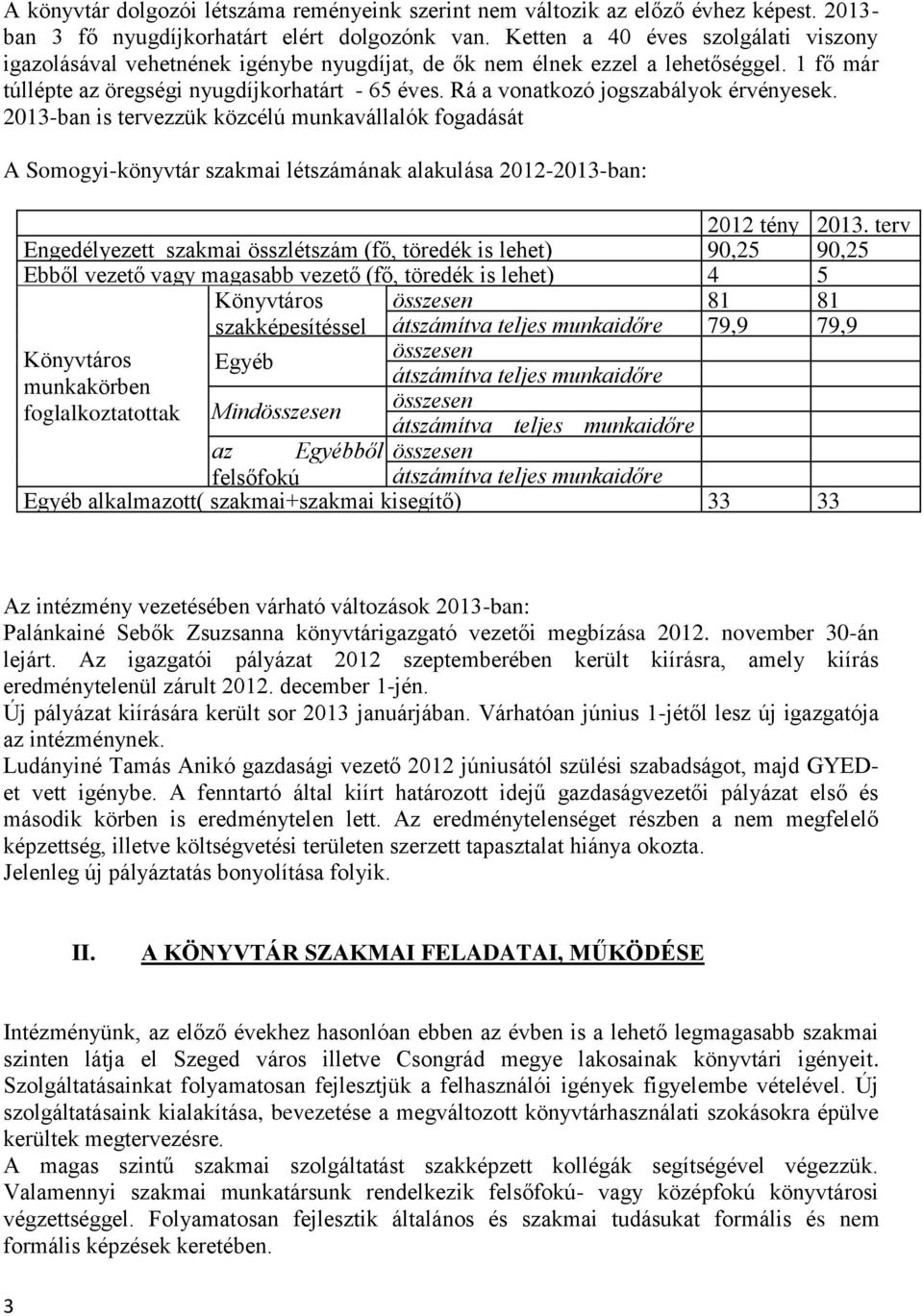 Rá a vonatkozó jogszabályok érvényesek. 2013-ban is tervezzük közcélú munkavállalók fogadását A Somogyi-könyvtár szakmai létszámának alakulása 2012-2013-ban: 2012 tény 2013.