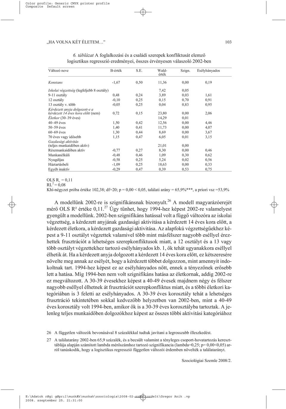 több -0,05 0,25 0,04 0,83 0,95 Kérdezett anyja dolgozott-e a kérdezett 14 éves kora elõtt (nem) 0,72 0,15 23,80 0,00 2,06 Életkor (30 39 éves) 14,29 0,01 40 49 éves 1,50 0,42 12,56 0,00 4,46 50 59