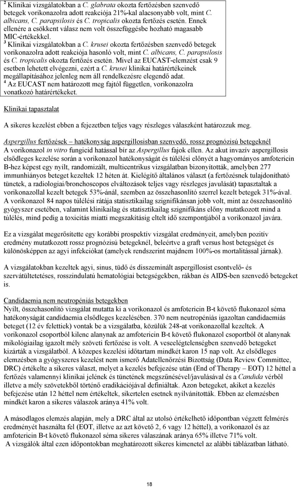 krusei okozta fertőzésben szenvedő betegek vorikonazolra adott reakciója hasonló volt, mint C. albicans, C. parapsilosis és C. tropicalis okozta fertőzés esetén.