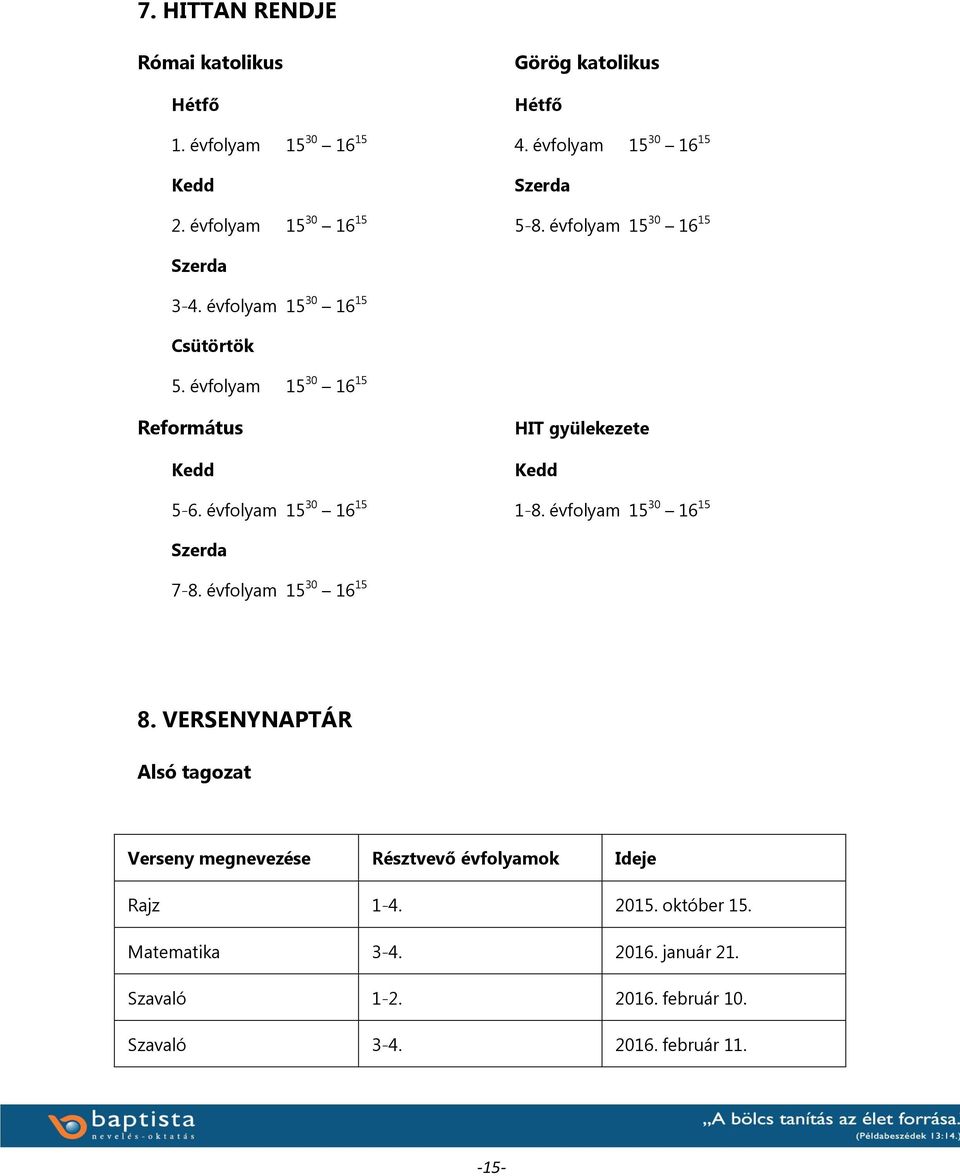 évfolyam 15 30 16 15 Református Kedd HIT gyülekezete Kedd 5-6. évfolyam 15 30 16 15 1-8. évfolyam 15 30 16 15 Szerda 7-8.