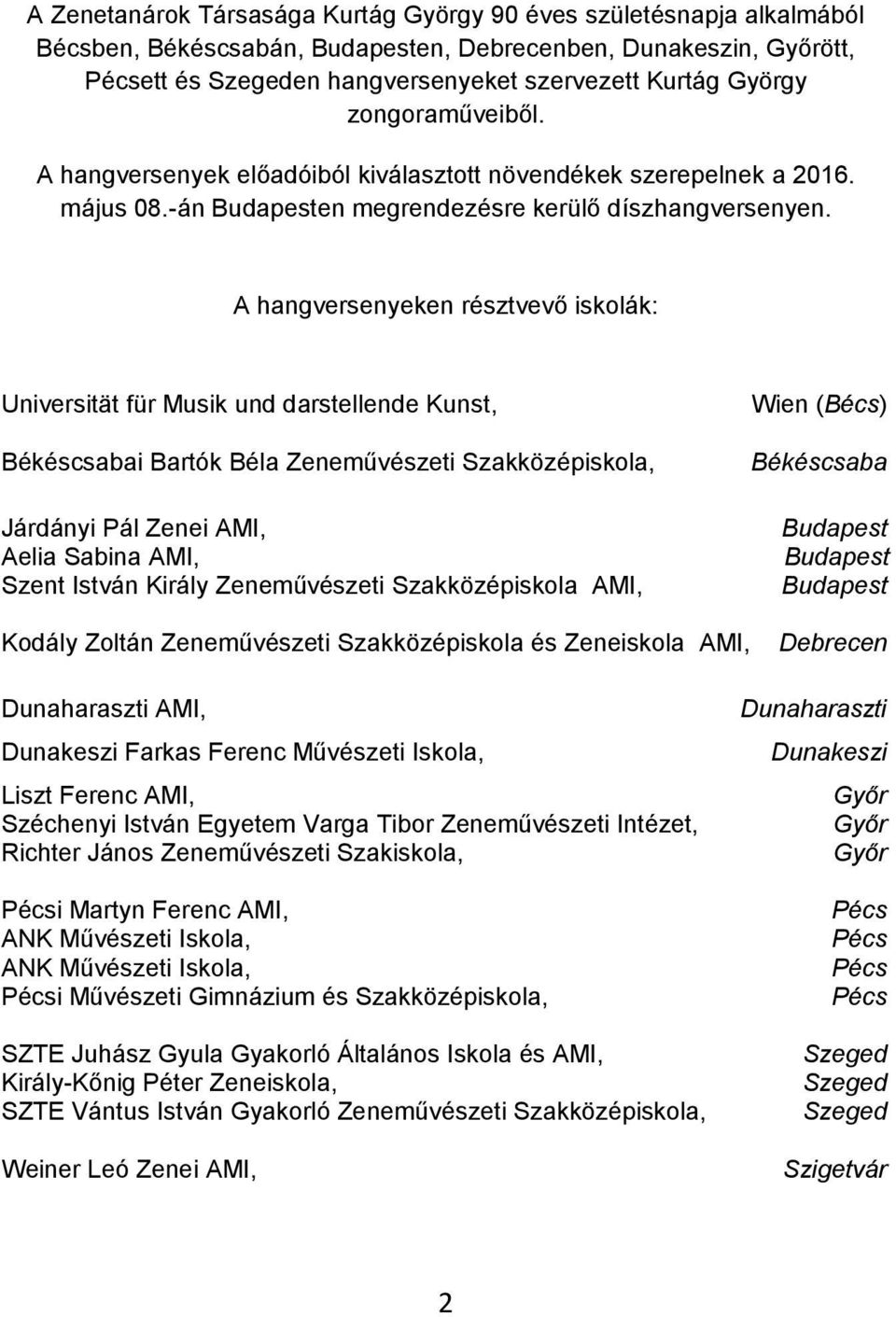 A hangversenyeken résztvevő iskolák: Universität für Musik und darstellende Kunst, Békéscsabai Bartók Béla Zeneművészeti Szakközépiskola, Járdányi Pál Zenei AMI, Aelia Sabina AMI, Szent István Király