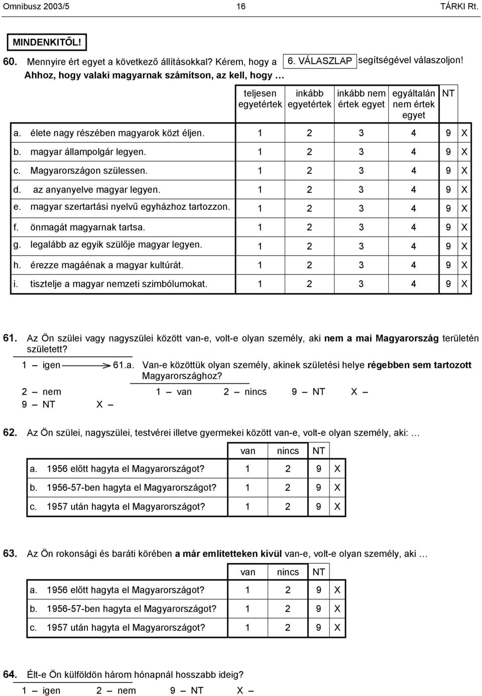 magyar állampolgár legyen. 1 2 3 4 9 X c. Magyarországon szülessen. 1 2 3 4 9 X d. az anyanyelve magyar legyen. 1 2 3 4 9 X e. magyar szertartási nyelvű egyházhoz tartozzon. 1 2 3 4 9 X f.