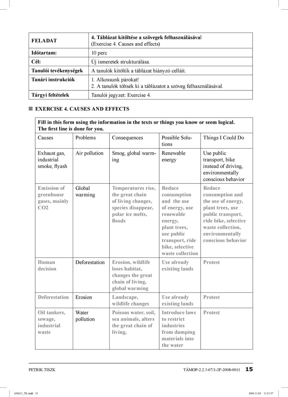 CAUSES AND EFFECTS Fill in this form using the information in the texts or things you know or seem logical. The first line is done for you.