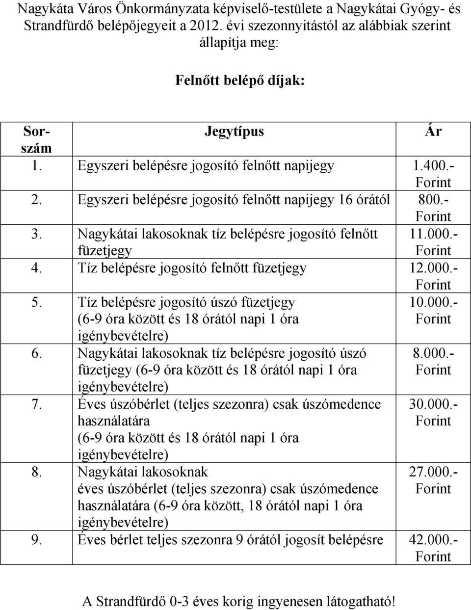 Nagykátai lakosoknak éves úszóbérlet (teljes szezonra) csak úszómedence használatára (6-9 óra között, 18 órától napi 1 óra 30.000.- Jegytípus Ár 1. Egyszeri napijegy 1.400.- 2.