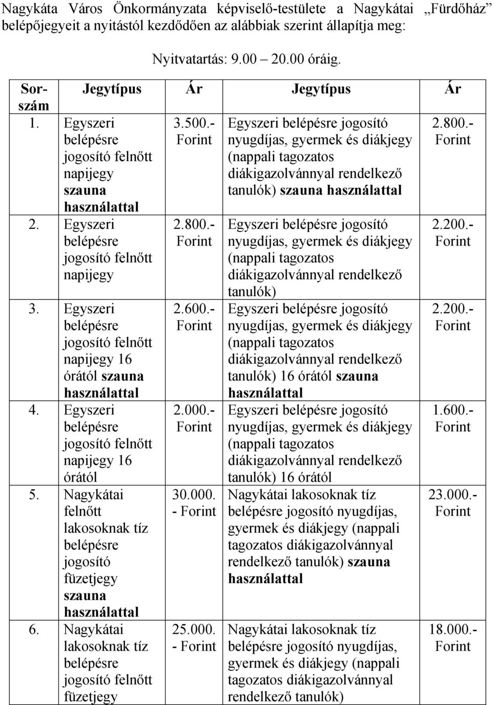 Egyszeri napijegy 16 órától 5. Nagykátai felnőtt lakosoknak tíz jogosító 6. Nagykátai lakosoknak tíz 2.600.- 2.000.