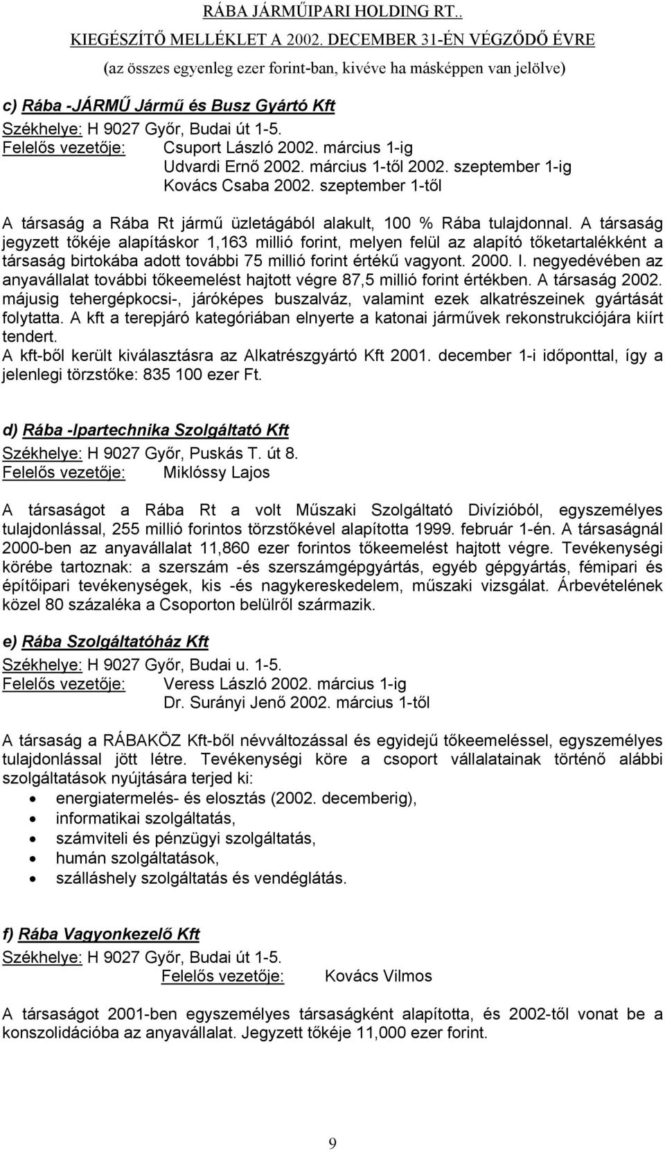 A társaság jegyzett tőkéje alapításkor 1,163 millió forint, melyen felül az alapító tőketartalékként a társaság birtokába adott további 75 millió forint értékű vagyont. 2000. I.