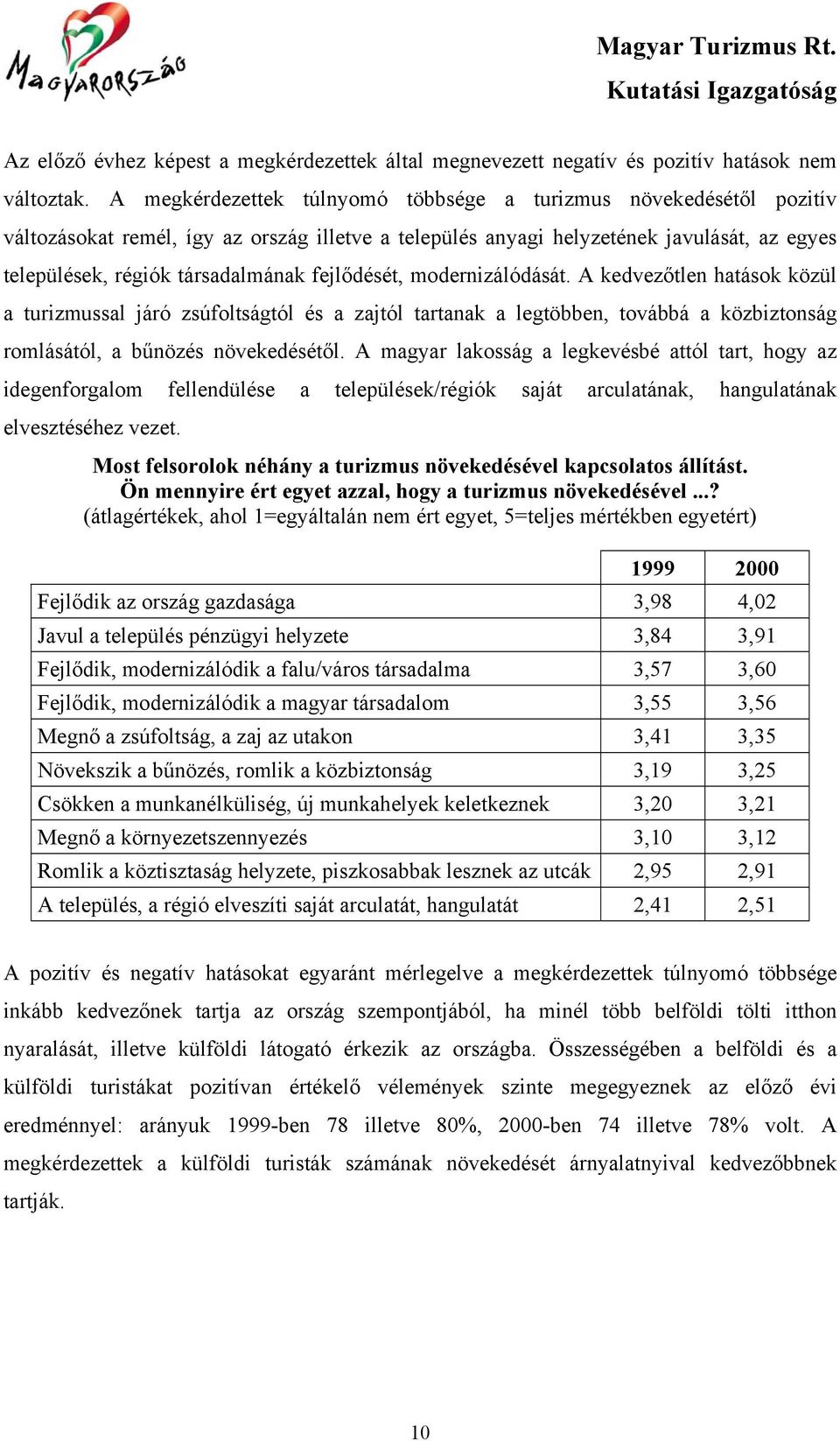 fejlődését, modernizálódását. A kedvezőtlen hatások közül a turizmussal járó zsúfoltságtól és a zajtól tartanak a legtöbben, továbbá a közbiztonság romlásától, a bűnözés növekedésétől.