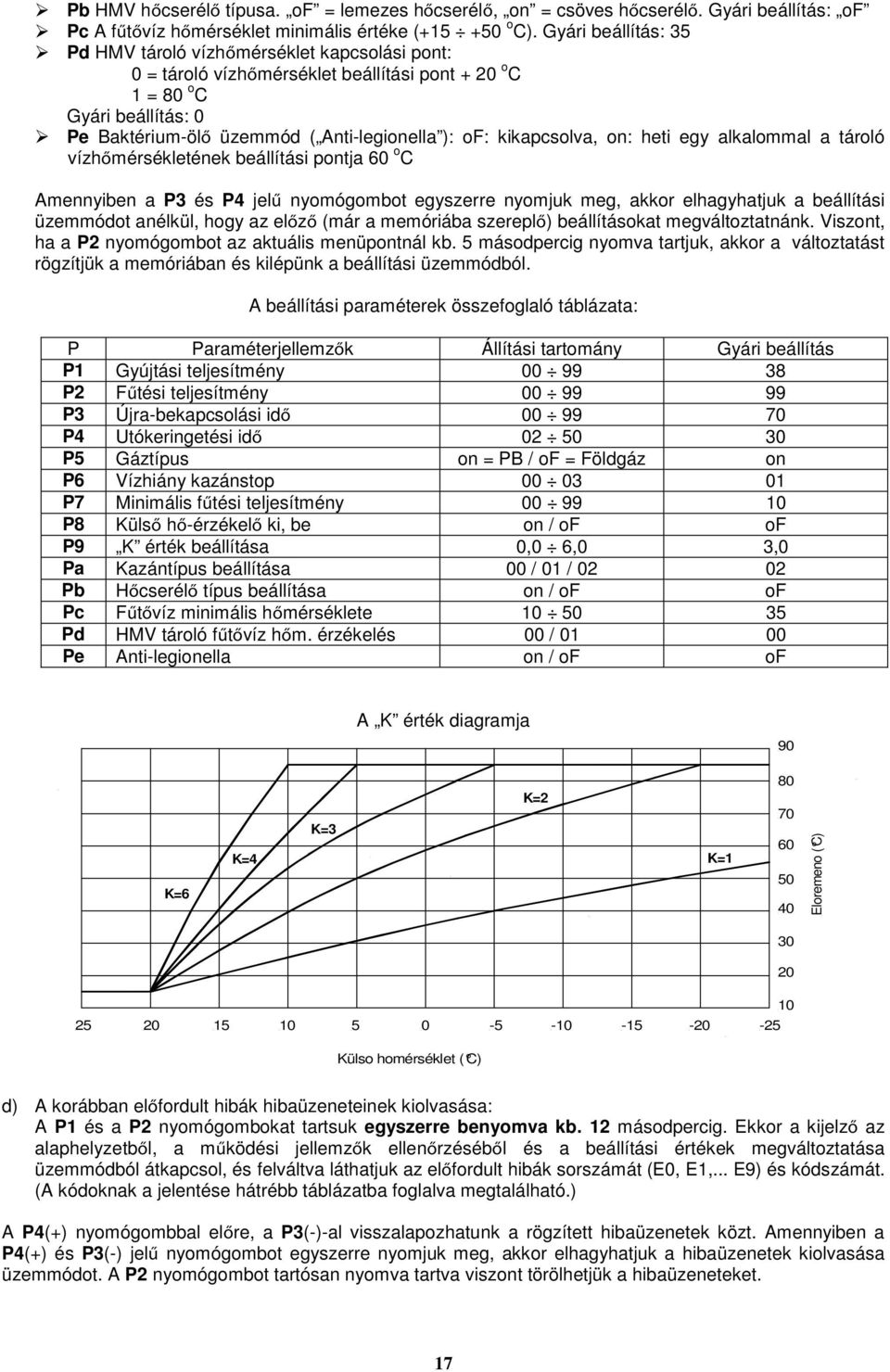 kikapcsolva, on: heti egy alkalommal a tároló vízhőmérsékletének beállítási pontja 60 o C Amennyiben a P3 és P4 jelű nyomógombot egyszerre nyomjuk meg, akkor elhagyhatjuk a beállítási üzemmódot