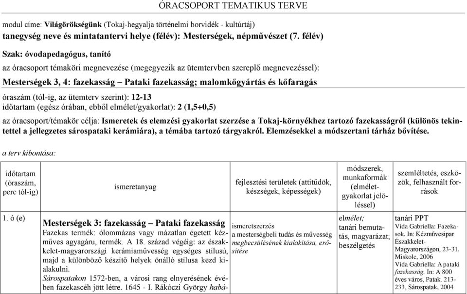 óraszám (tól-ig, az ütemterv szerint): 12-13 időtartam (egész órában, ebből elmélet/gyakorlat): 2 (1,5+0,5) az óracsoport/témakör célja: Ismeretek és elemzési gyakorlat szerzése a Tokaj-környékhez