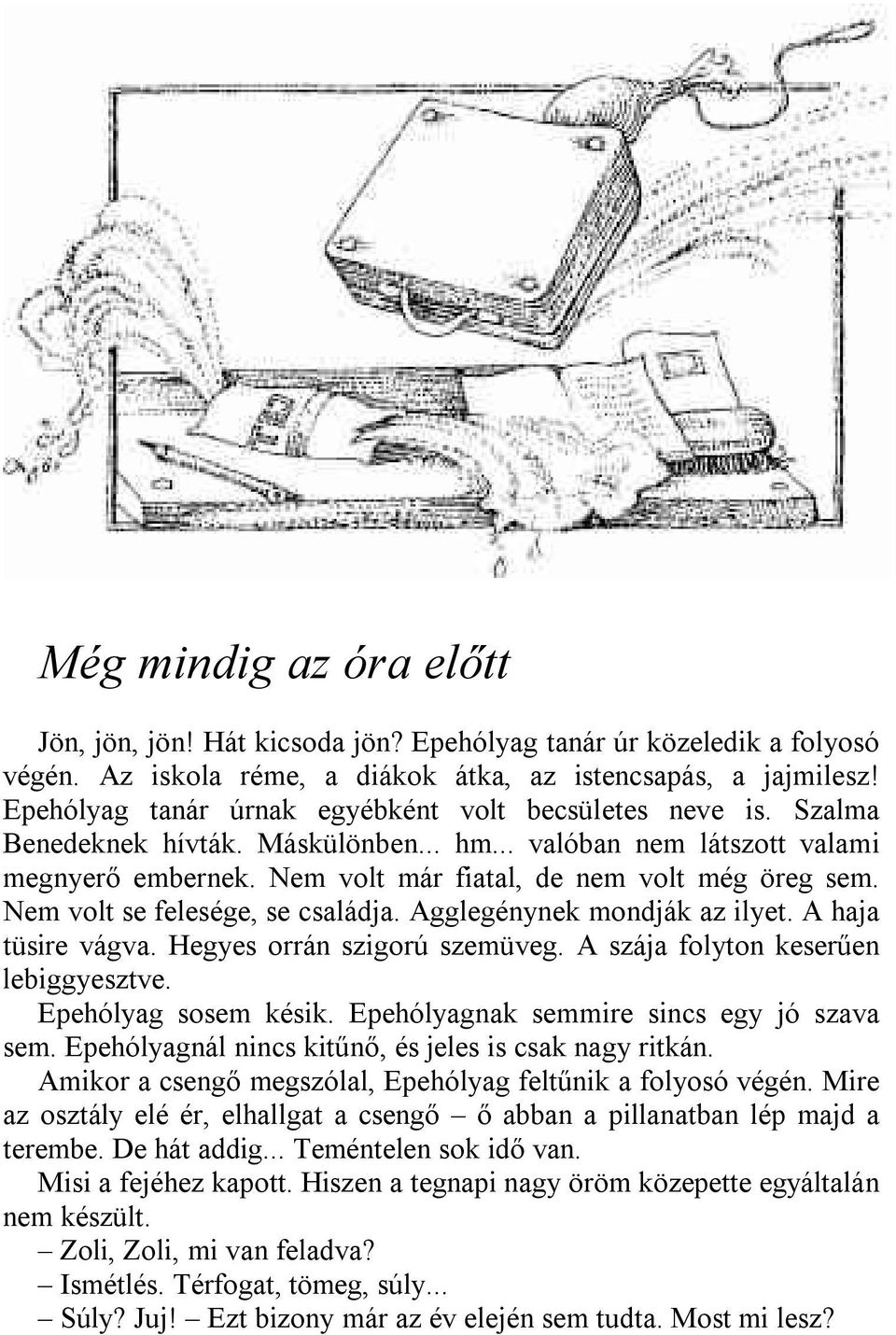 Nem volt se felesége, se családja. Agglegénynek mondják az ilyet. A haja tüsire vágva. Hegyes orrán szigorú szemüveg. A szája folyton keserűen lebiggyesztve. Epehólyag sosem késik.