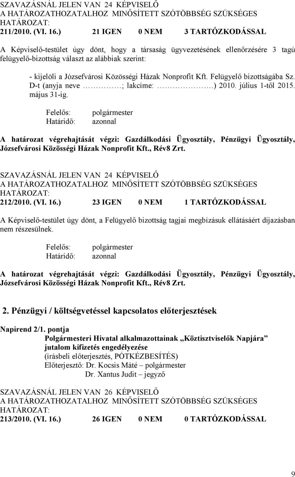 Közösségi Házak Nonprofit Kft. Felügyelő bizottságába Sz. D-t (anyja neve ; lakcíme:.) 2010. július 1-től 2015. május 31-ig.