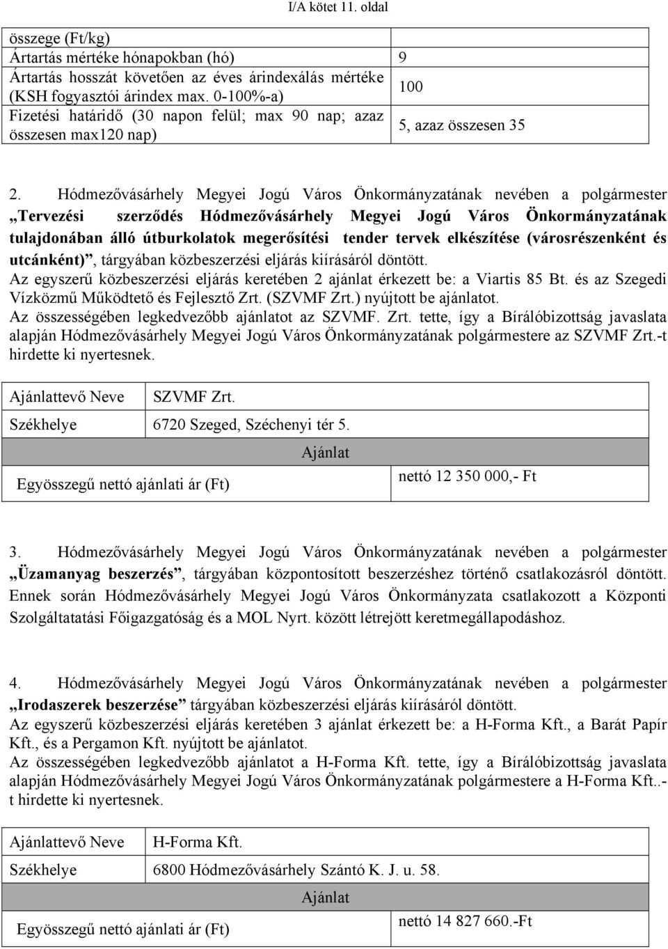 Hódmezővásárhely Megyei Jogú Város Önkormányzatának nevében a polgármester Tervezési szerződés Hódmezővásárhely Megyei Jogú Város Önkormányzatának tulajdonában álló útburkolatok megerősítési tender