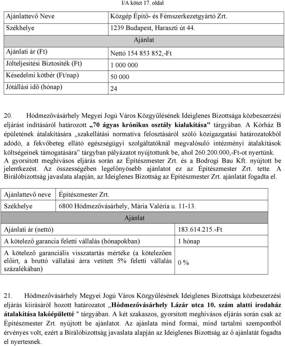 Hódmezővásárhely Megyei Jogú Város Közgyűlésének Ideiglenes Bizottsága közbeszerzési eljárást indításáról határozott 70 ágyas krónikus osztály kialakítása" tárgyában.